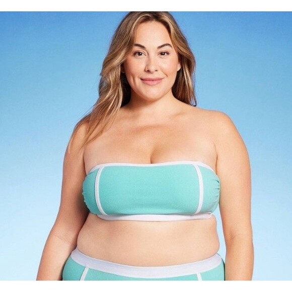 Kona Sol Turquoise Terry Textured Bandeau Binding Bikini Top Size X (14W) NEW! - Picture 2 of 12